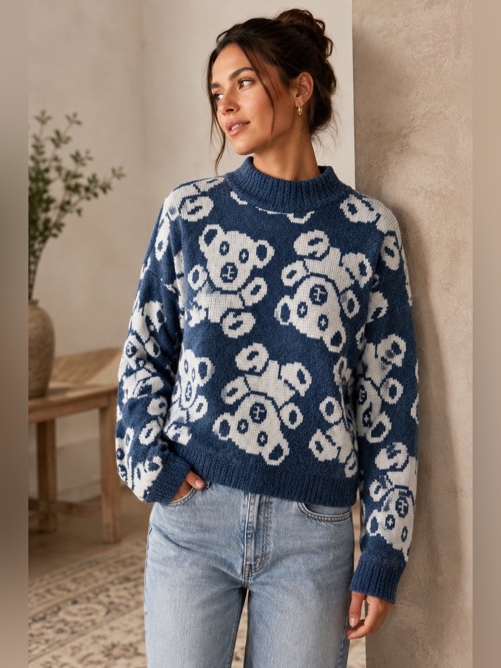 Vintage Needles & Yarn Teddy Bear Sweater Large Blue Ivory Fuzzy Knit Made USA